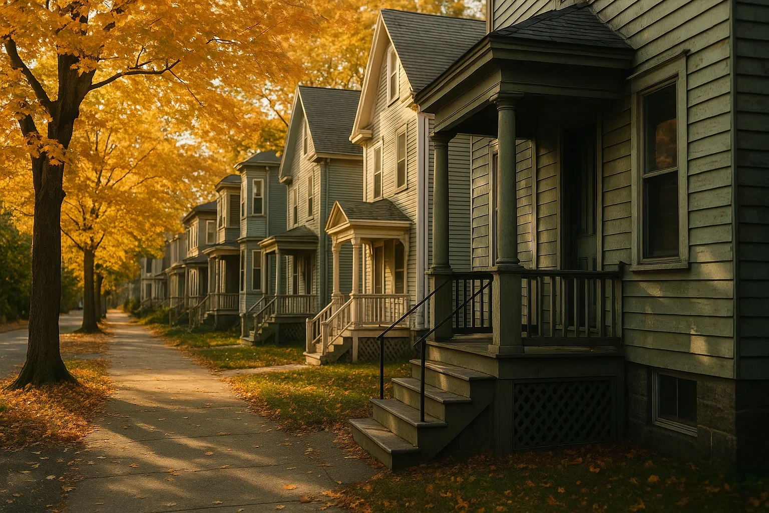 Row of Victorian-style homes with front porches along a tree-lined sidewalk in autumn in Thompsonville
