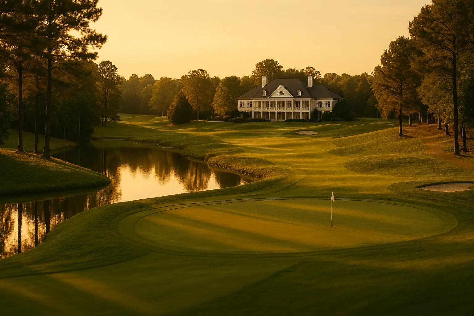 Sunset view of a golf course with pond, manicured greens, and white colonial clubhouse in Wyndham