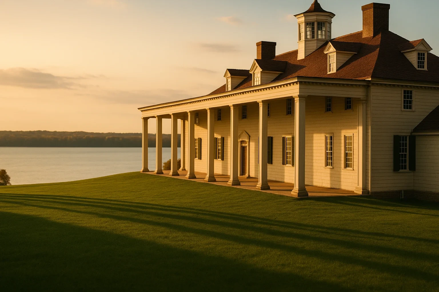 Stately white colonial mansion with columned portico overlooking a river at sunset in Huntington
