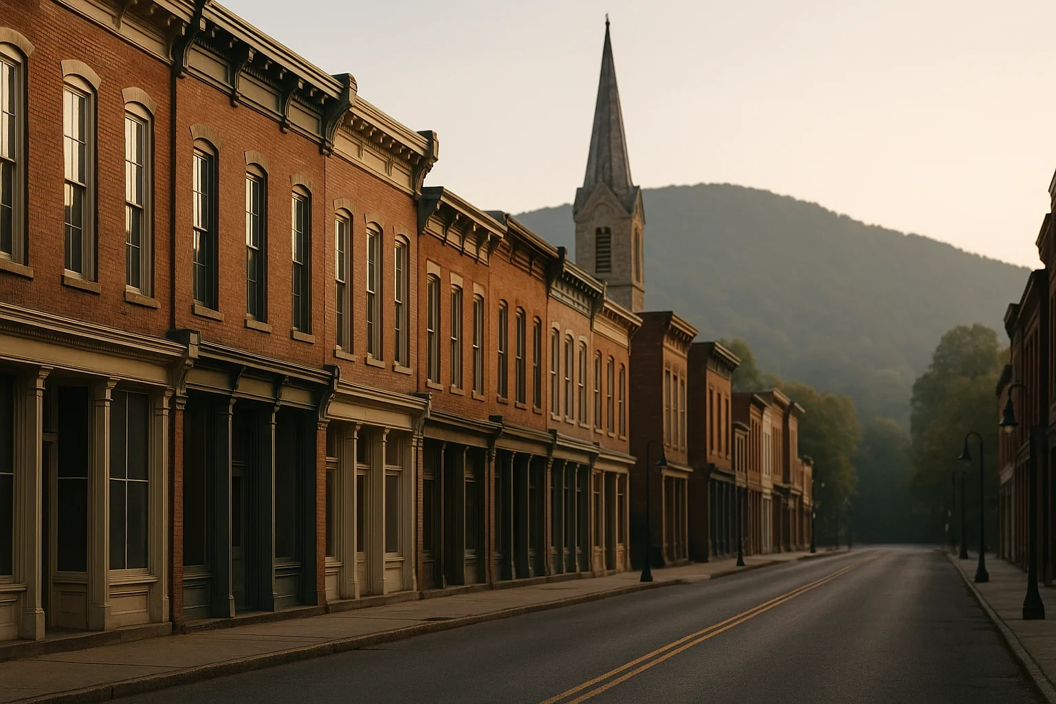 Historic brick storefronts line an empty downtown street in Luray with a church steeple and mountain backdrop
