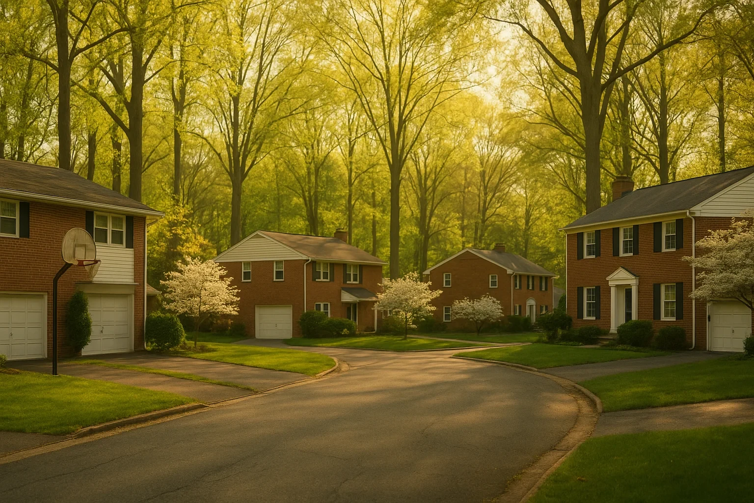 Quiet Springfield suburban street with brick colonial homes, dogwood trees, and a basketball hoop at golden hour