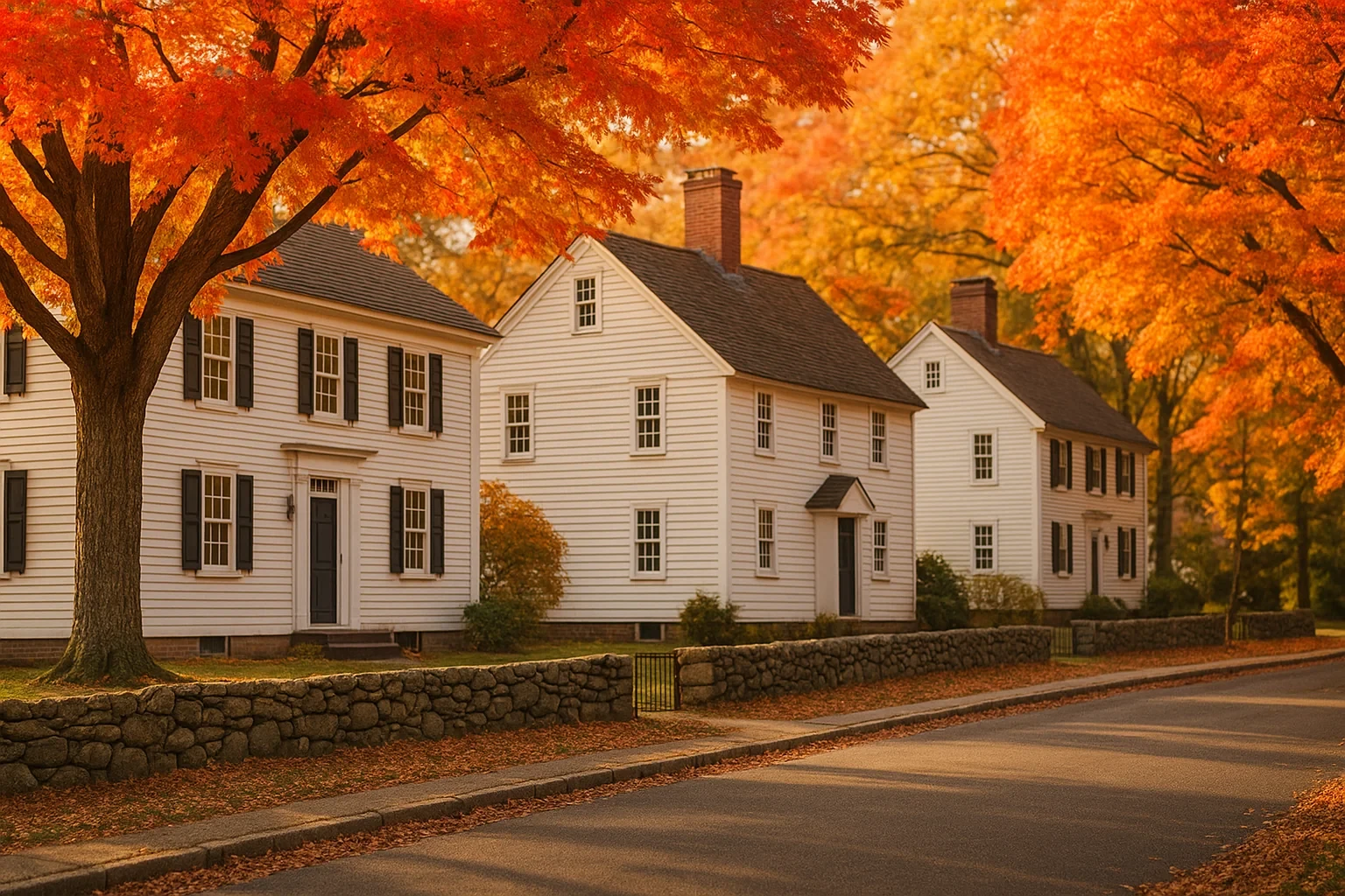Historic white colonial homes lining a tree-shaded street with vibrant autumn foliage in Glastonbury Center