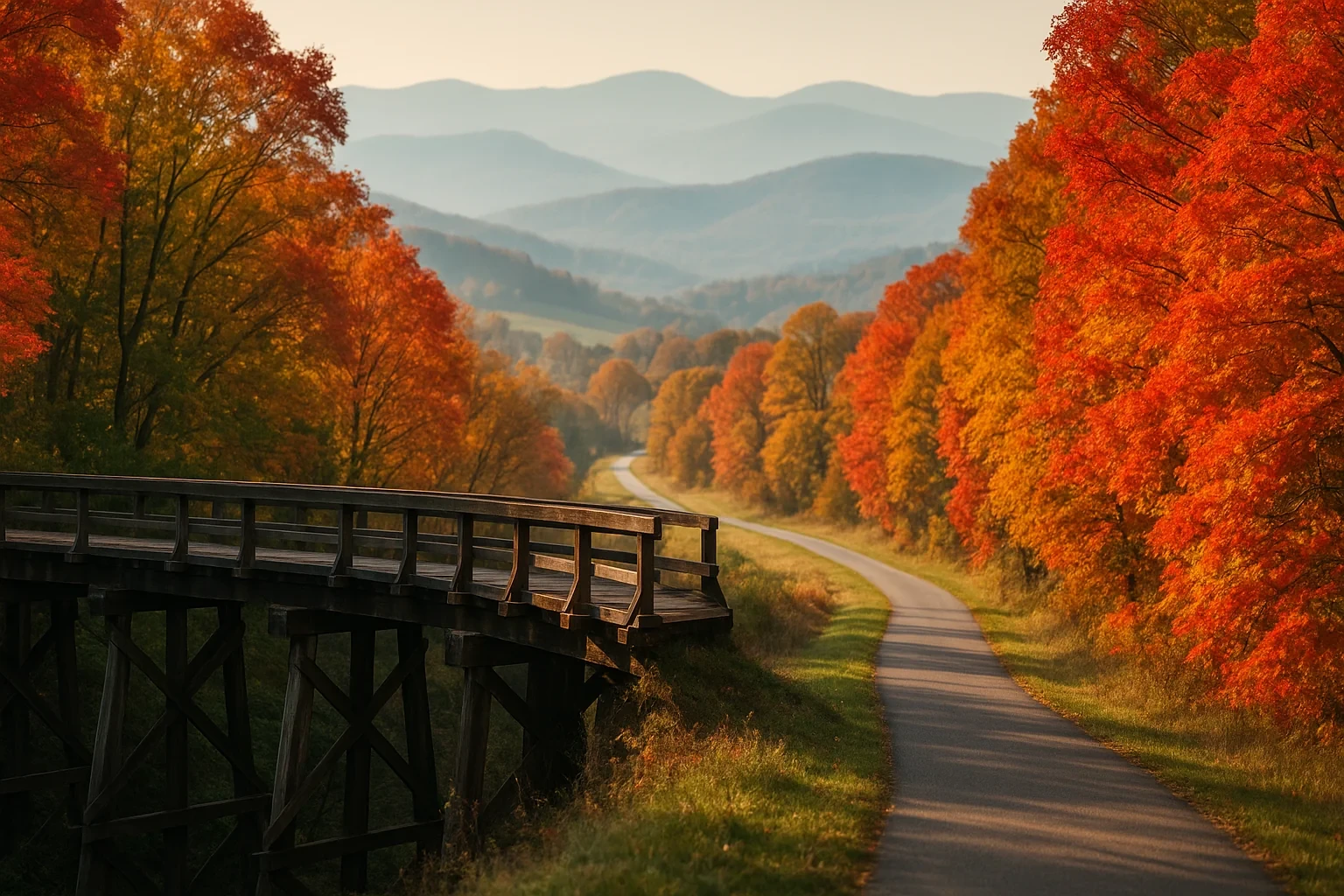 Wooden trestle bridge beside a winding road through vibrant fall foliage with mountain views near Christiansburg