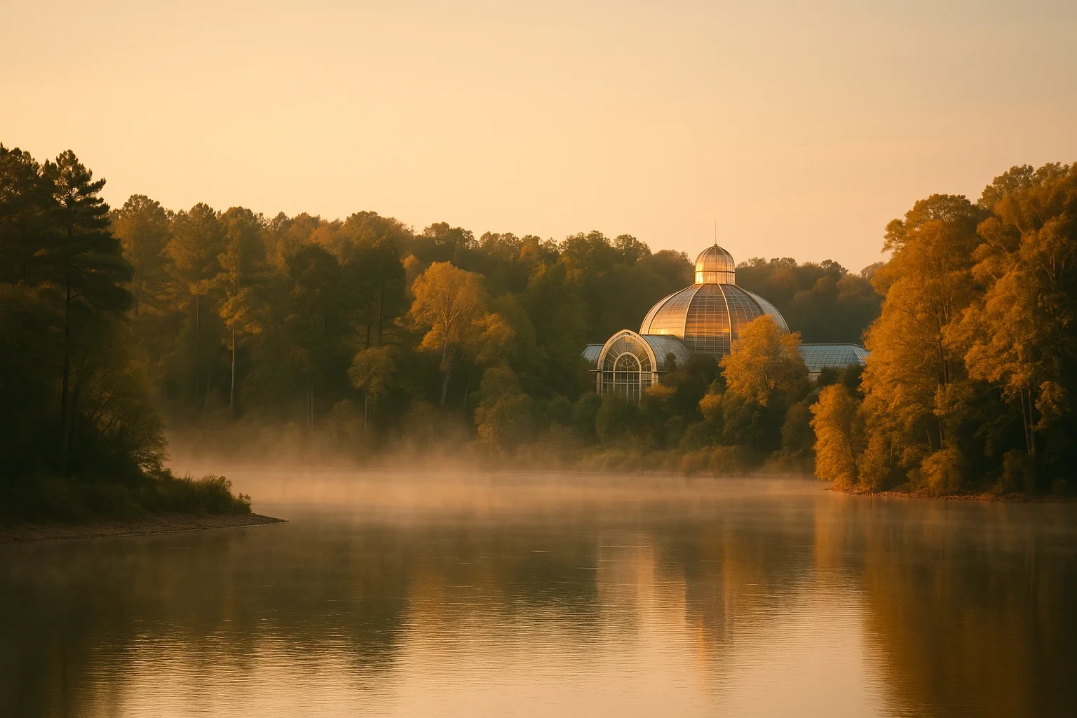 Misty sunrise over a tranquil lake with a glass-domed conservatory nestled among autumn trees in Belmont