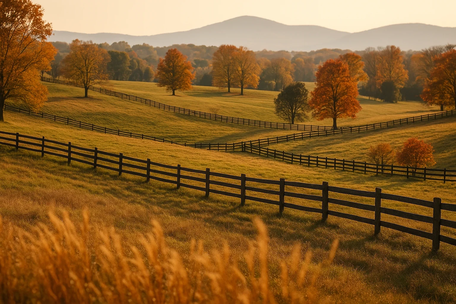 Rolling autumn pastures with wooden split-rail fences and distant blue mountains near New Baltimore