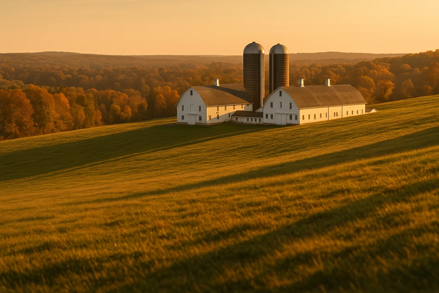White barns and twin silos on a rolling hillside at golden hour with autumn forests near Storrs