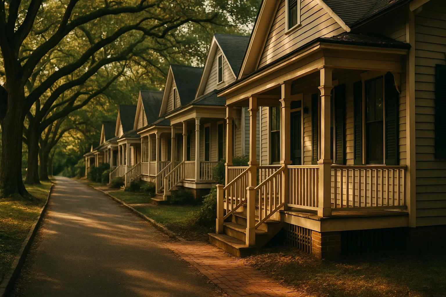 Row of historic wood-sided homes with covered front porches along a tree-lined street in Laurel at golden hour