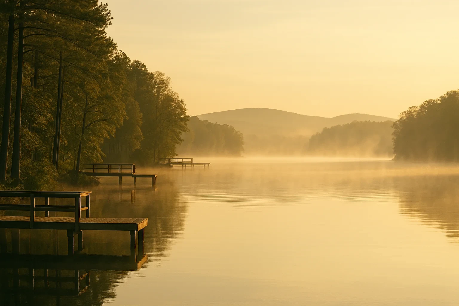 Misty sunrise over a calm lake in Lake of the Woods with wooden docks, tall pines, and rolling hills in the distance.
