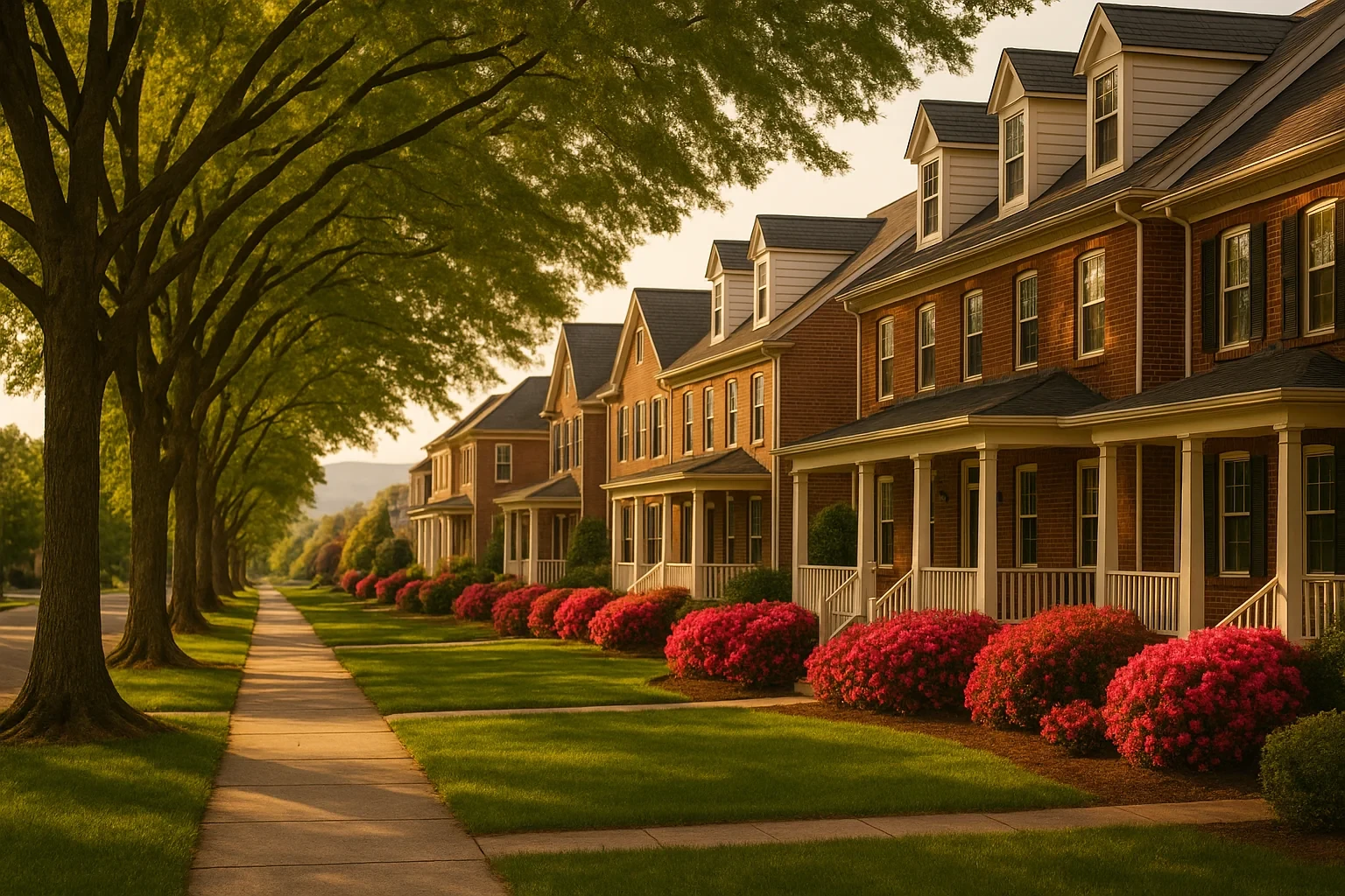 Tree-lined sidewalk along brick townhomes with red azalea bushes and front porches in Linton Hall at sunset