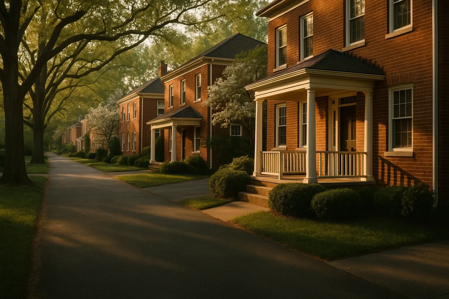 Tree-lined street with brick homes and white-columned porches in a quiet Bull Run neighborhood at golden hour