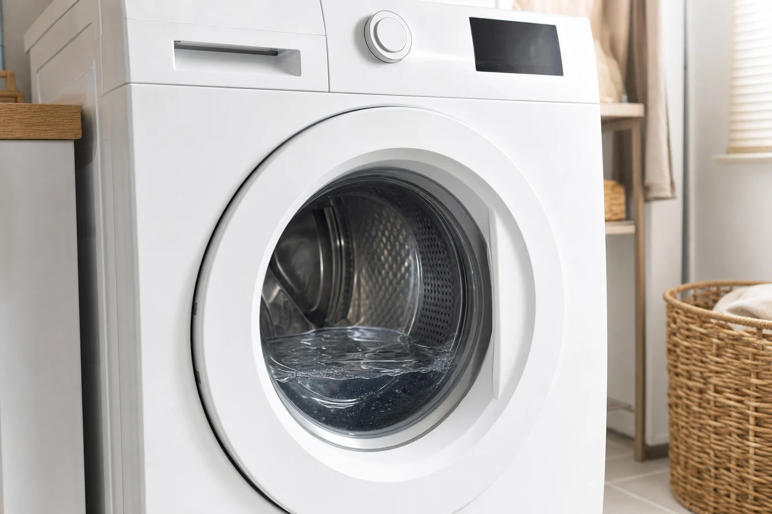 Modern white front-load washing machine with water visible through glass door in bright clean laundry room with wicker basket