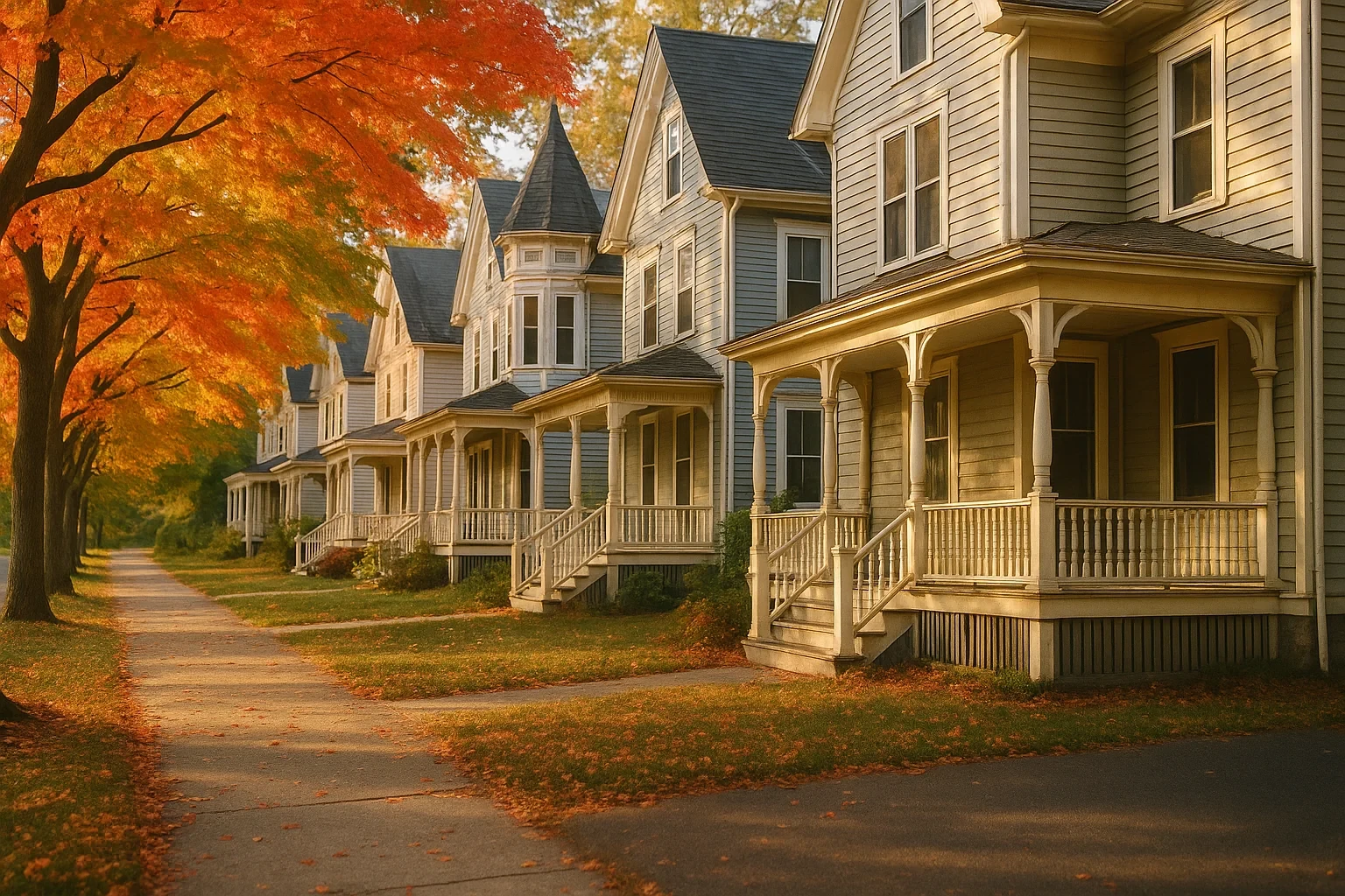 Row of Victorian homes with wraparound porches lining a tree-lined street in autumn in Willimantic