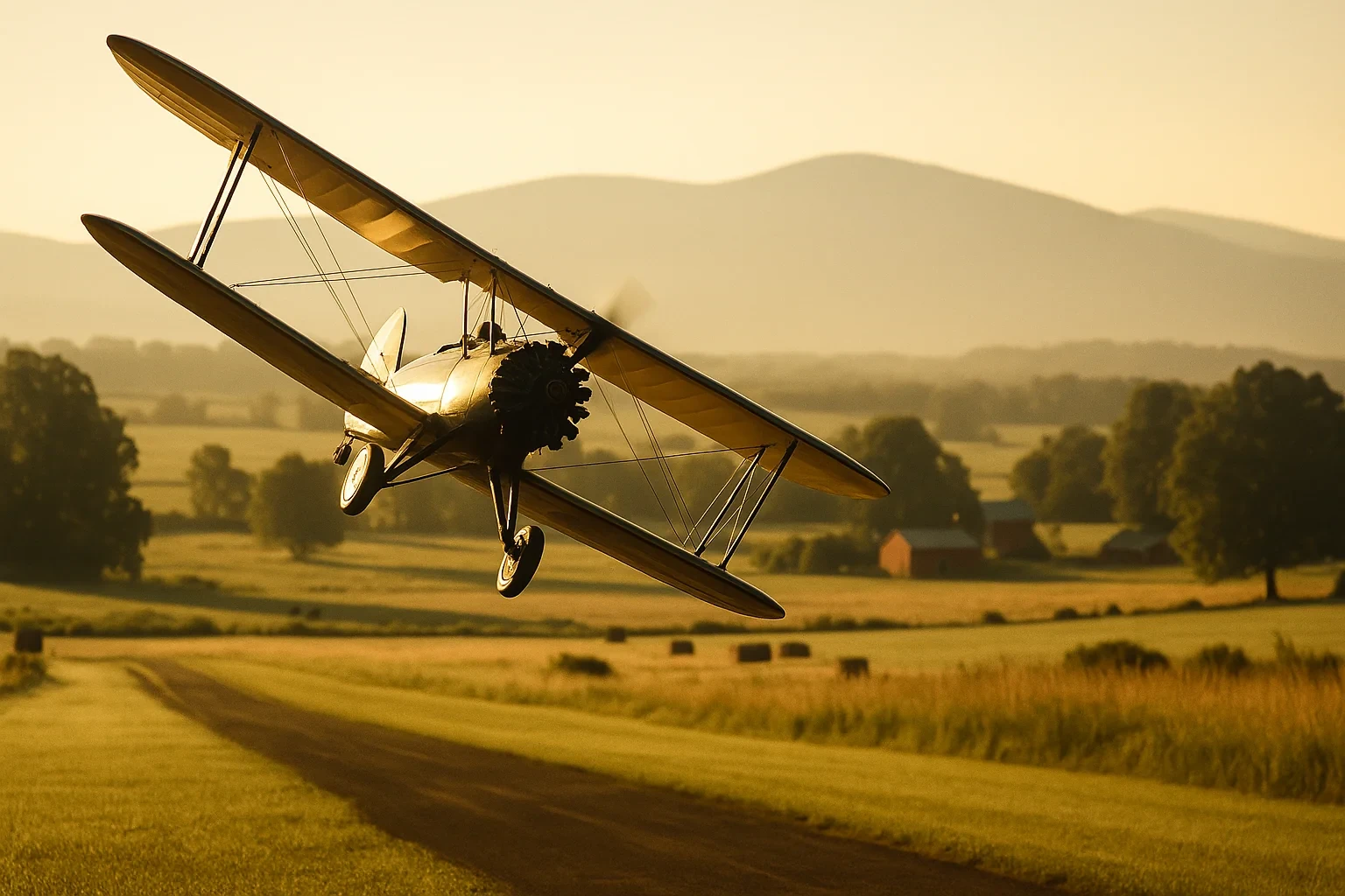 Vintage biplane flying low over golden countryside with rolling hills and a red barn near Bealeton