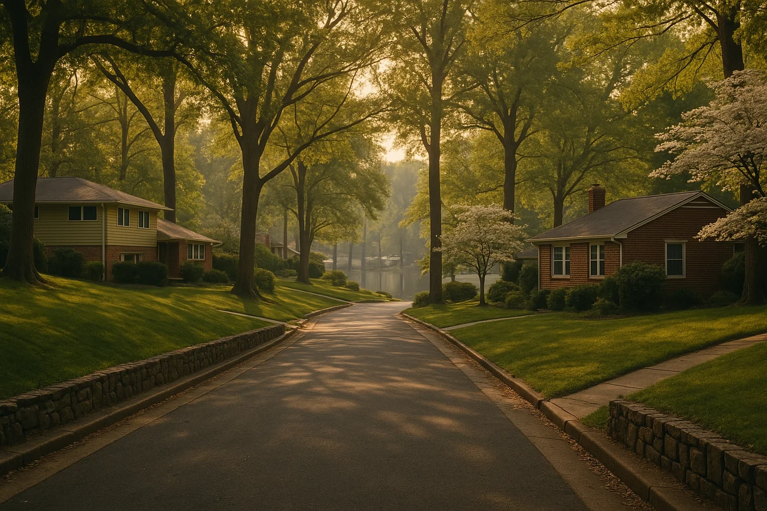 Quiet tree-lined residential street with brick homes and dogwood blossoms near a pond in Seven Corners at sunset