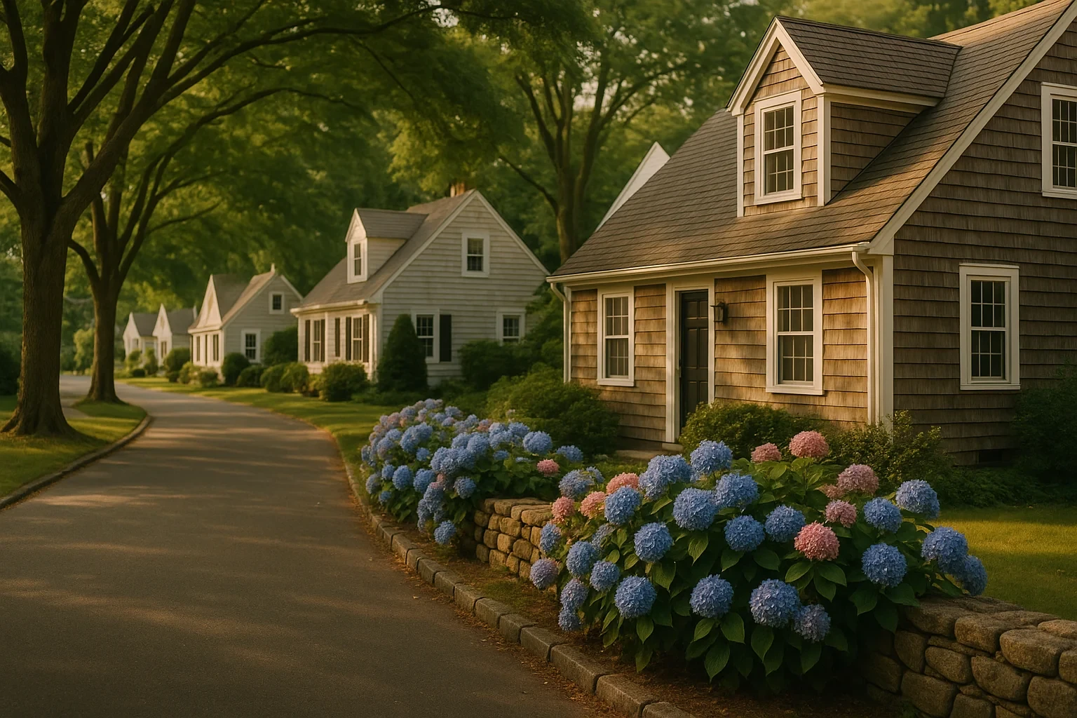 Charming cedar-shingled cape cod homes with blooming hydrangeas line a tree-shaded street in West Haven