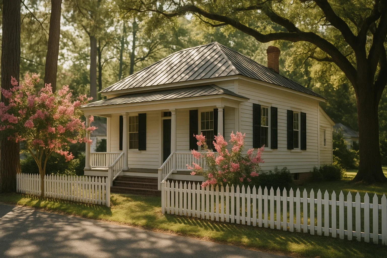 Charming cream cottage with metal hip roof, white picket fence, and crepe myrtles in a Kilmarnock neighborhood