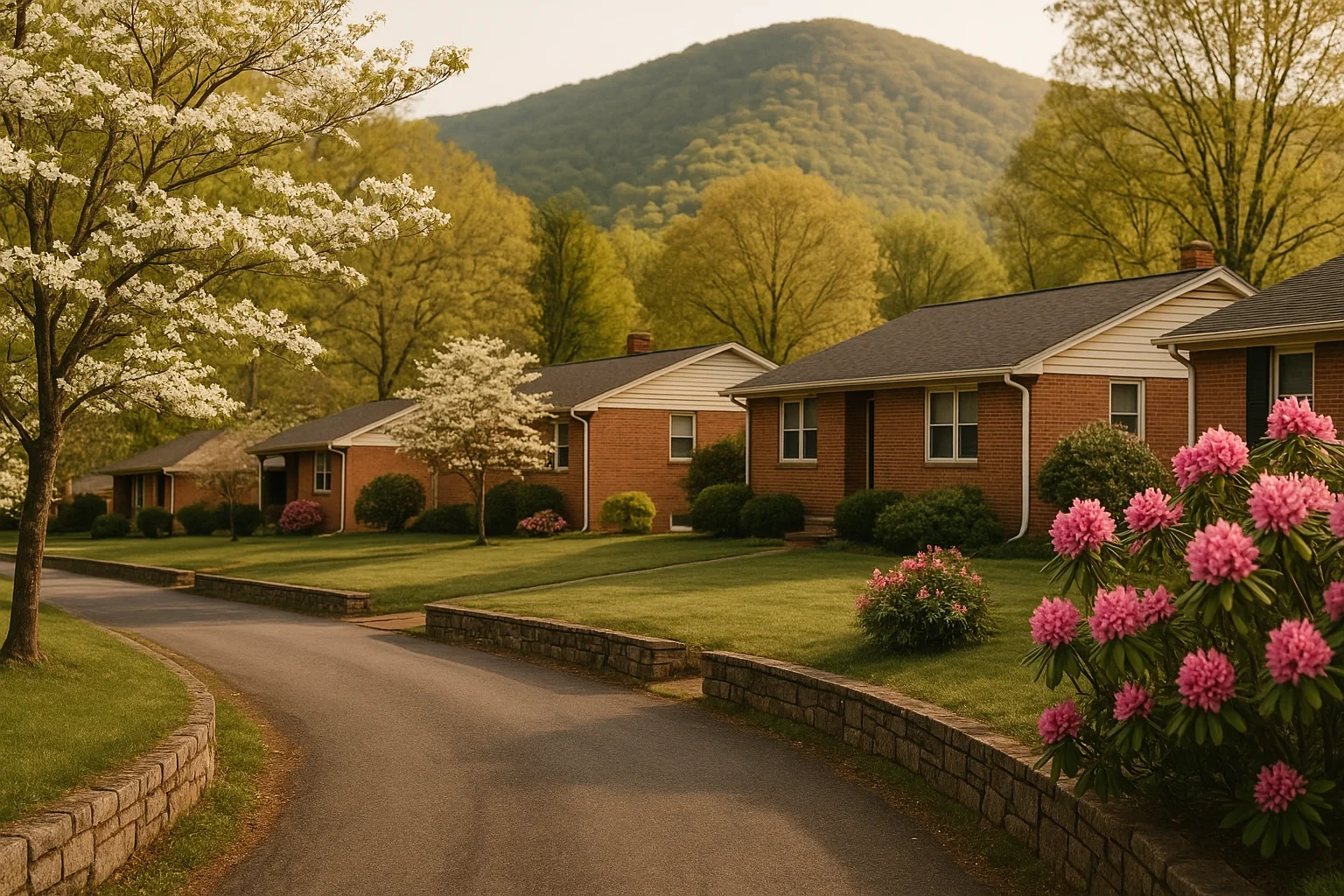Brick ranch homes line a quiet street with blooming dogwoods and rhododendrons below a forested mountain in Cave Spring