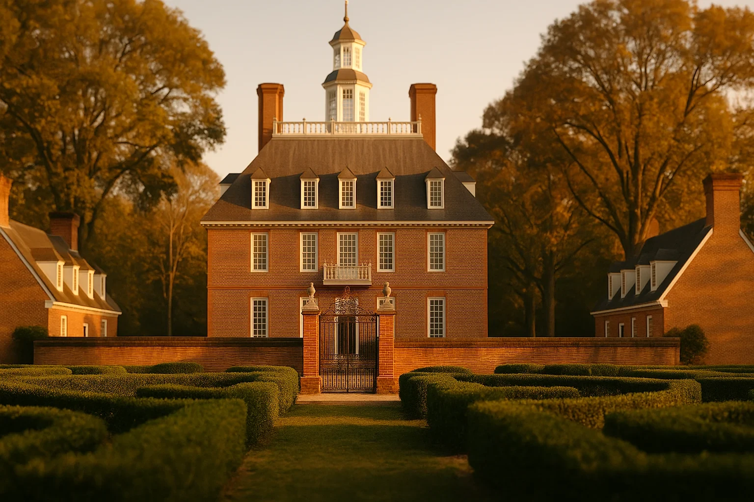 Historic brick colonial mansion with cupola and manicured boxwood gardens at golden hour in Williamsburg