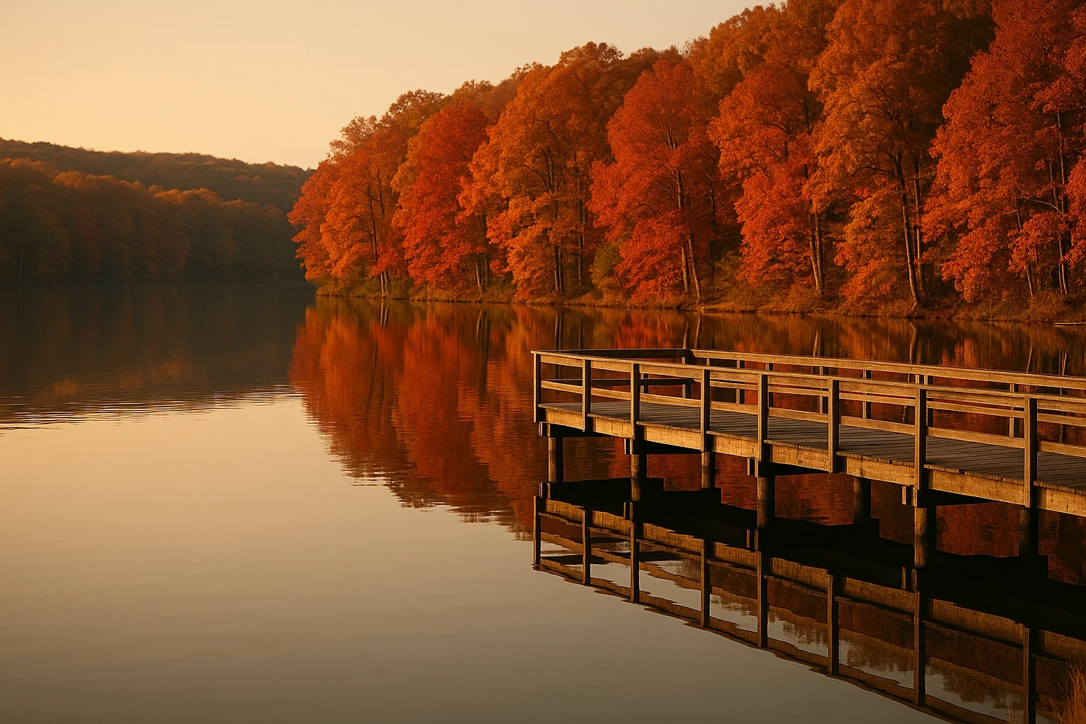 Wooden dock extending into a calm lake surrounded by vibrant autumn foliage at sunset in Burke Centre