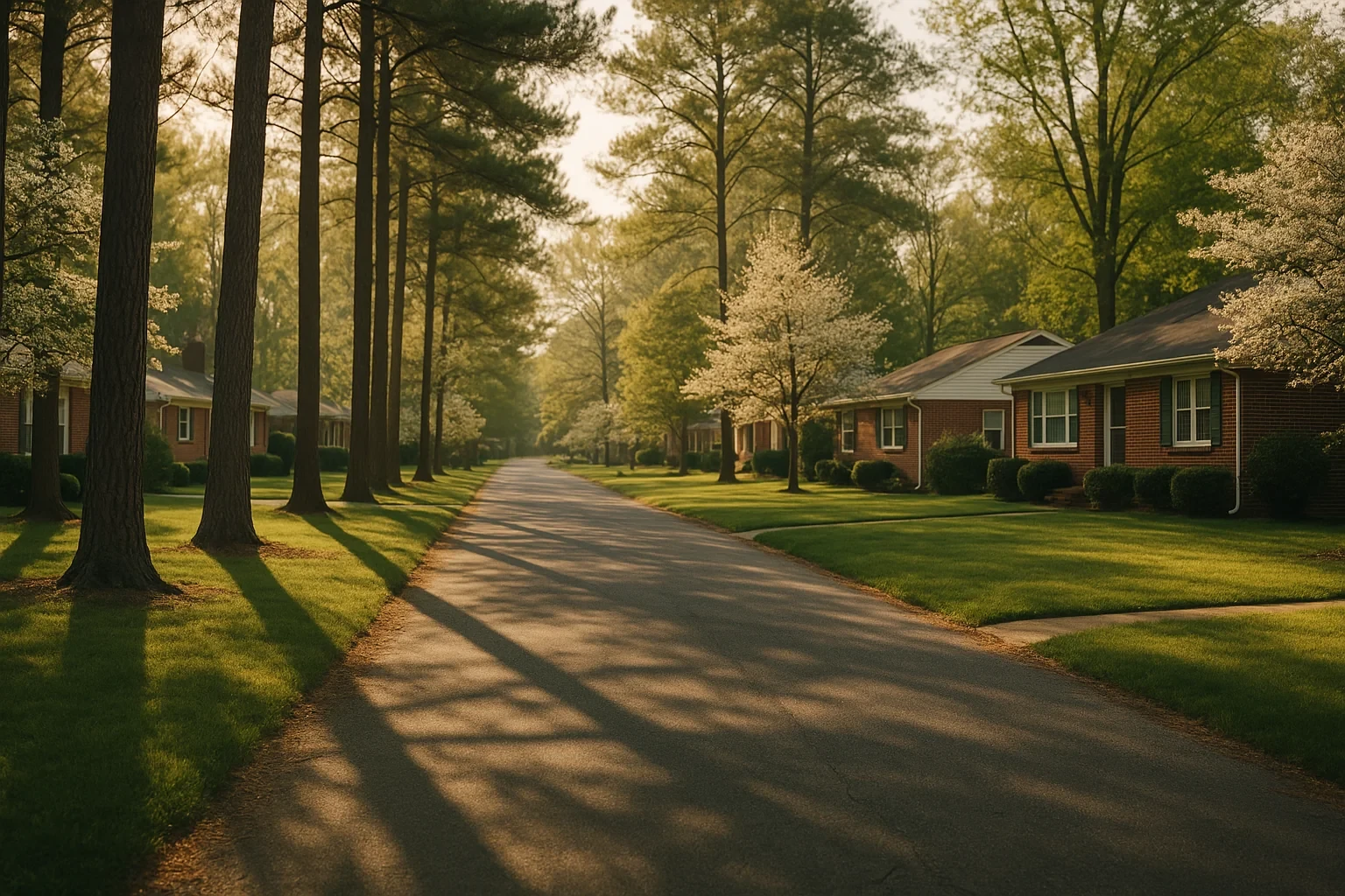 Tree-lined street with brick ranch homes and blooming dogwoods in a quiet Montrose neighborhood at golden hour