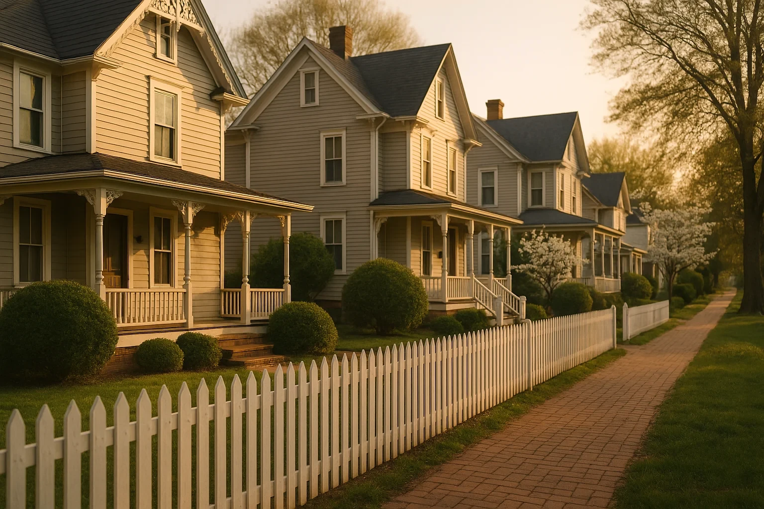 Row of Victorian-style homes with white picket fences and front porches along a brick sidewalk in Culpeper