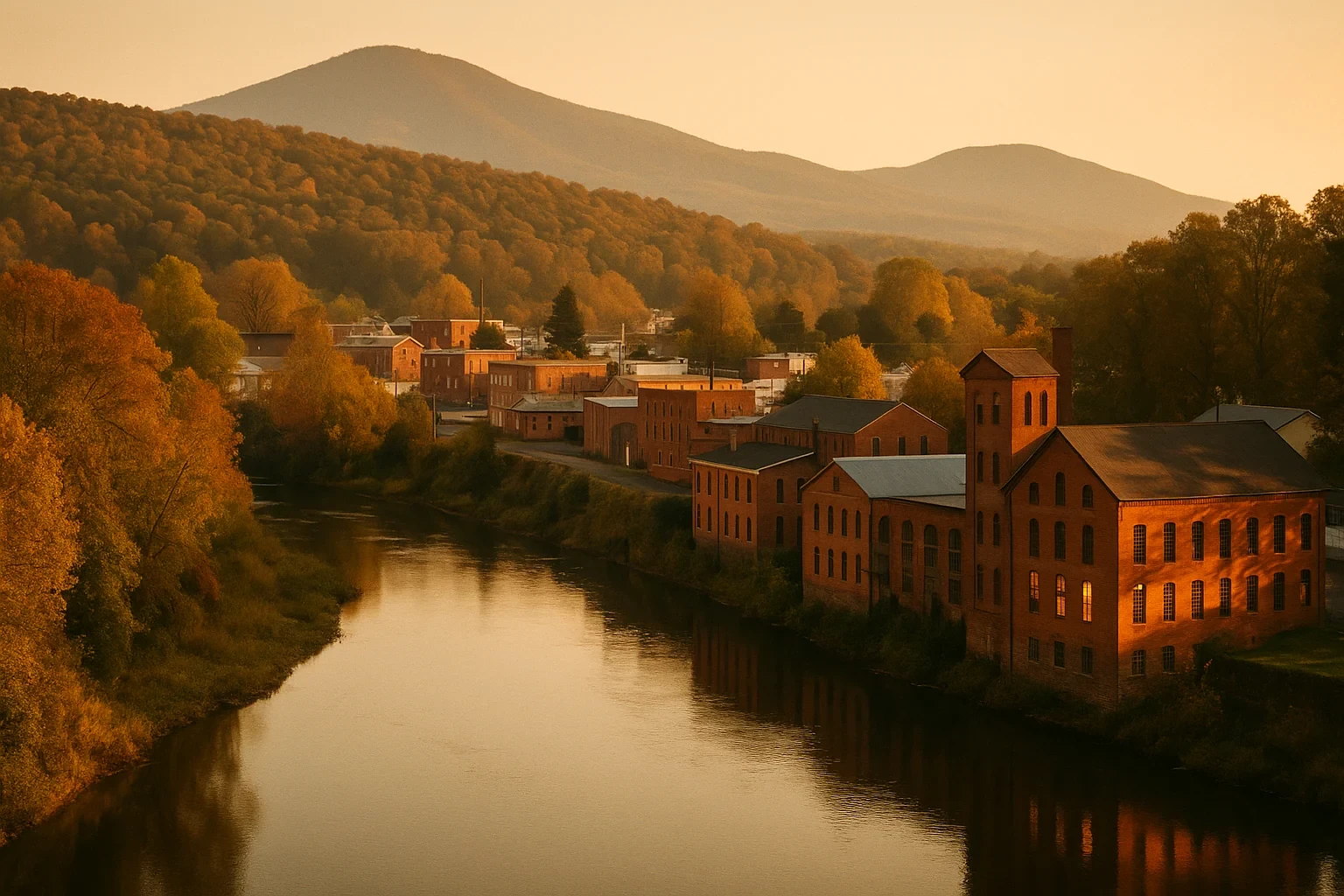 Historic brick mill buildings along a calm river at sunset with autumn foliage and mountains in Waynesboro