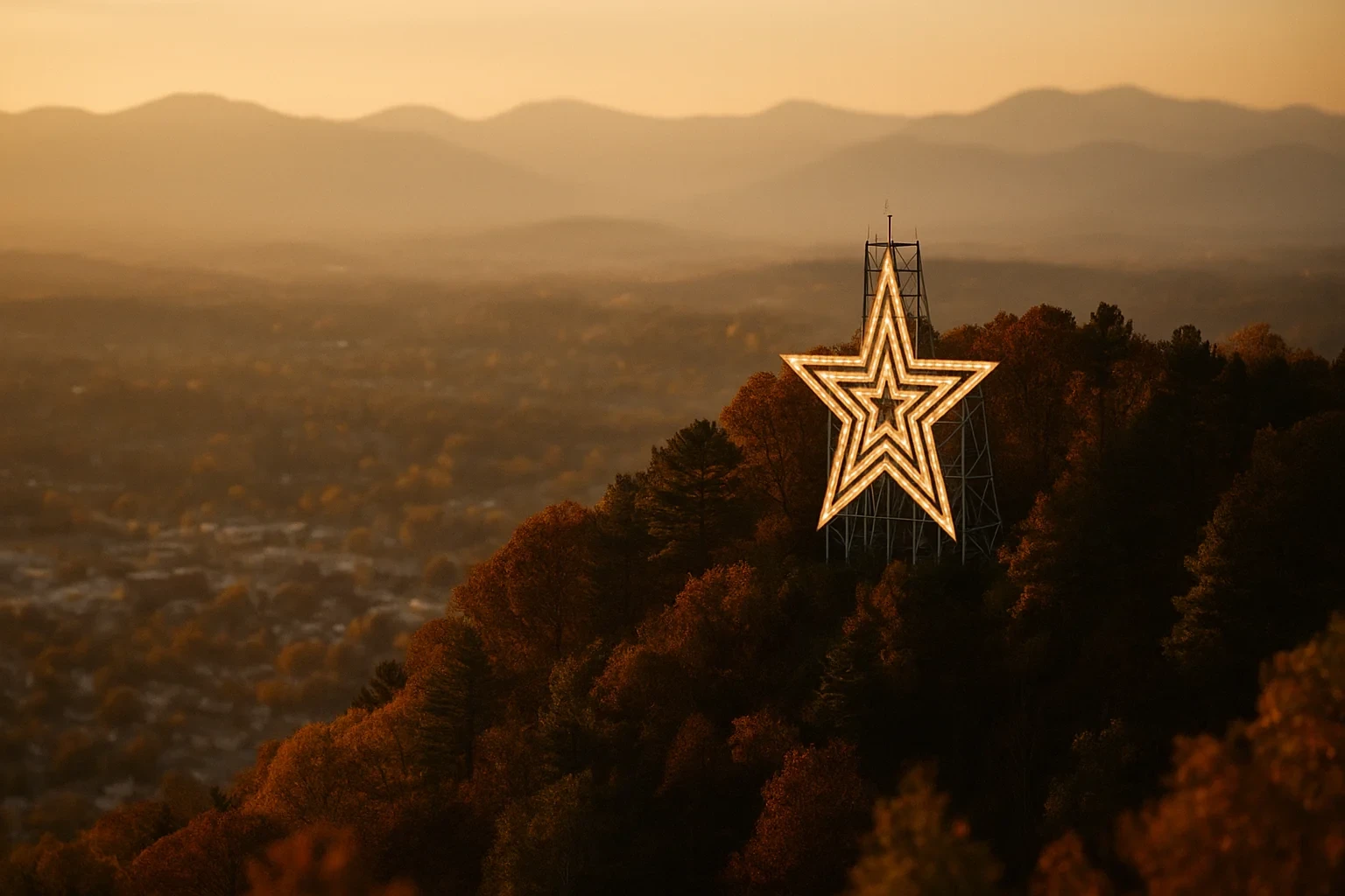 Illuminated Roanoke Star atop Mill Mountain overlooking the Cave Spring valley at golden hour in autumn