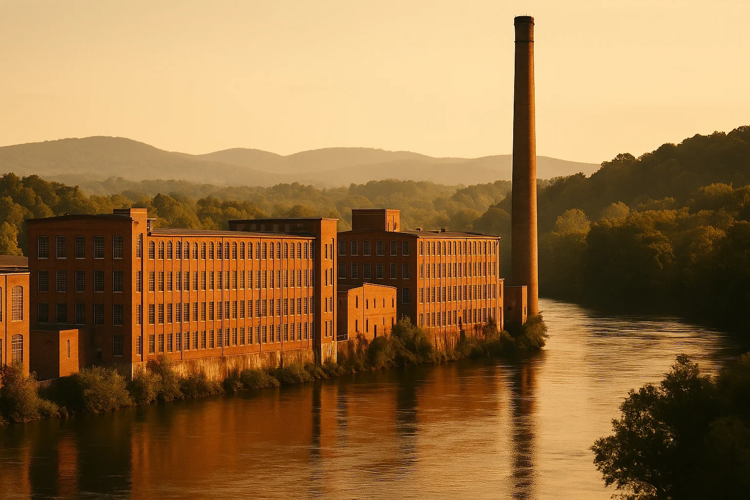 Historic brick textile mills with tall smokestack along a river at golden hour in Danville