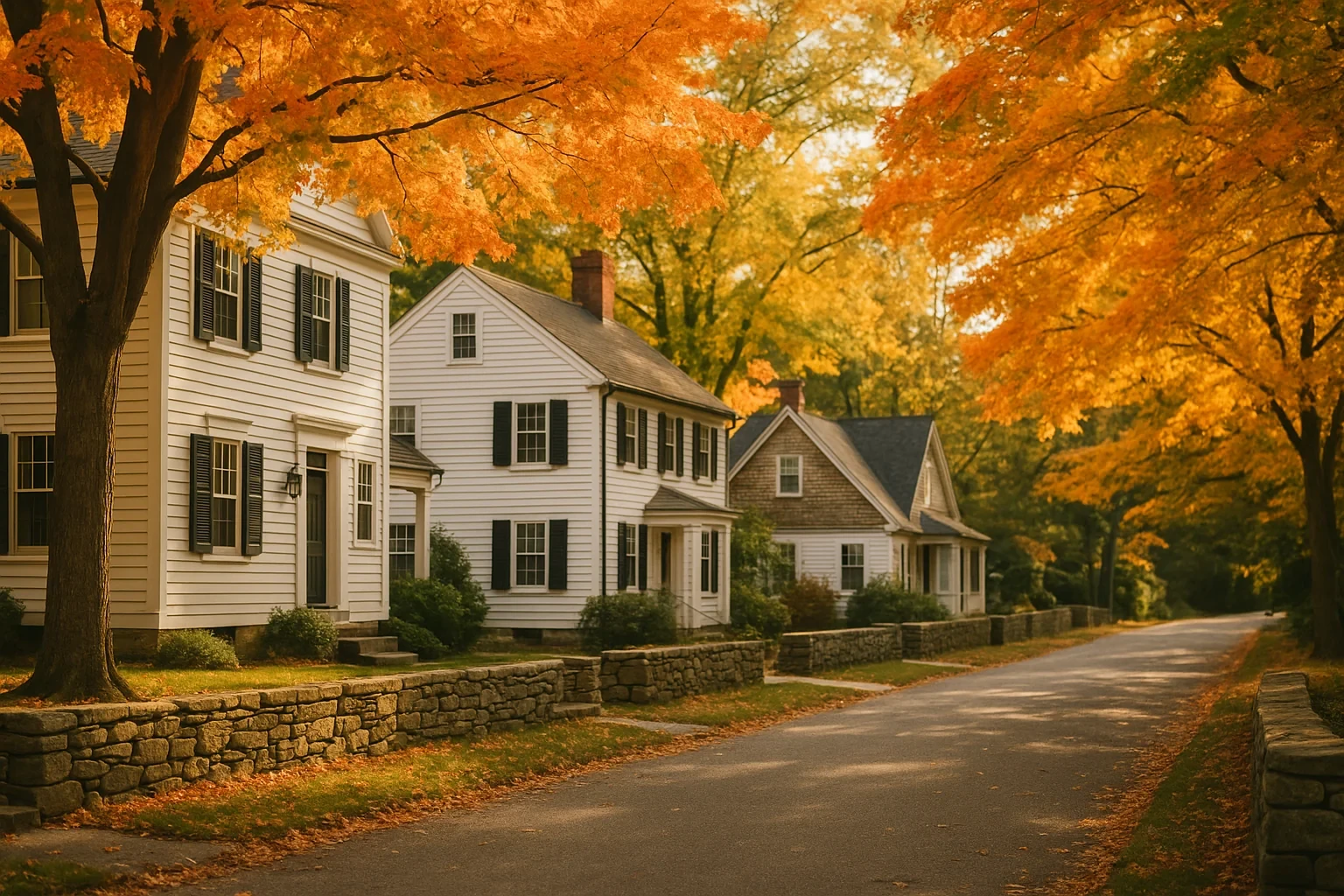 Historic white colonial homes line a tree-lined street with vibrant autumn foliage in Cos Cob.