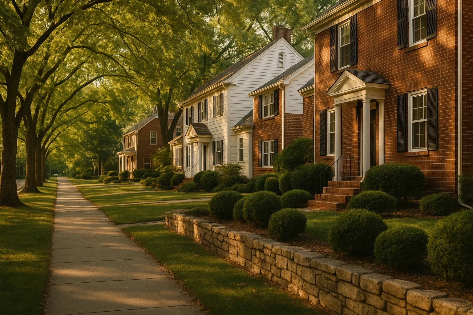 Tree-lined sidewalk passing brick and white colonial homes with manicured shrubs in a New Baltimore neighborhood