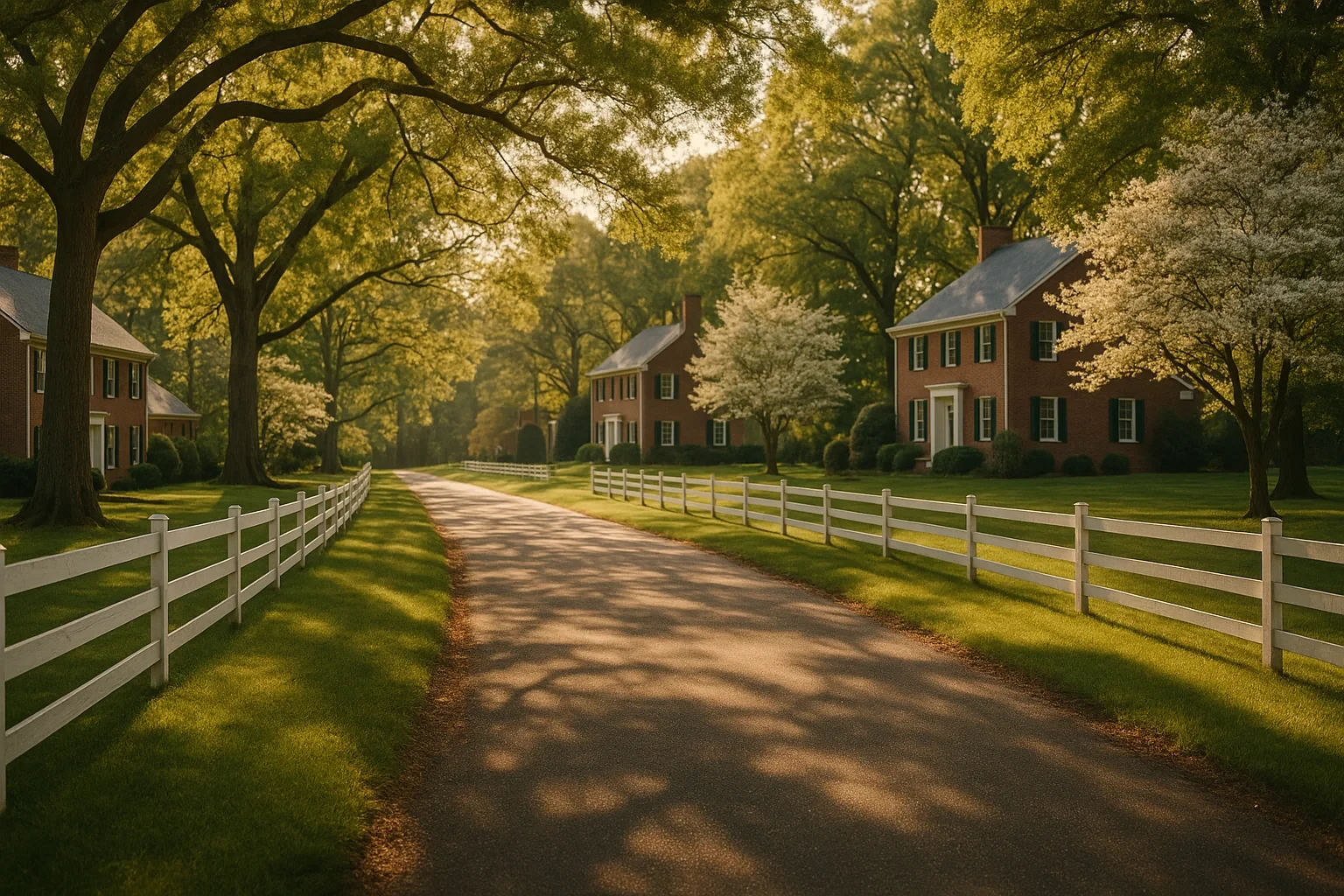 Tree-lined country road with white fences and brick colonial homes in a peaceful Forest neighborhood