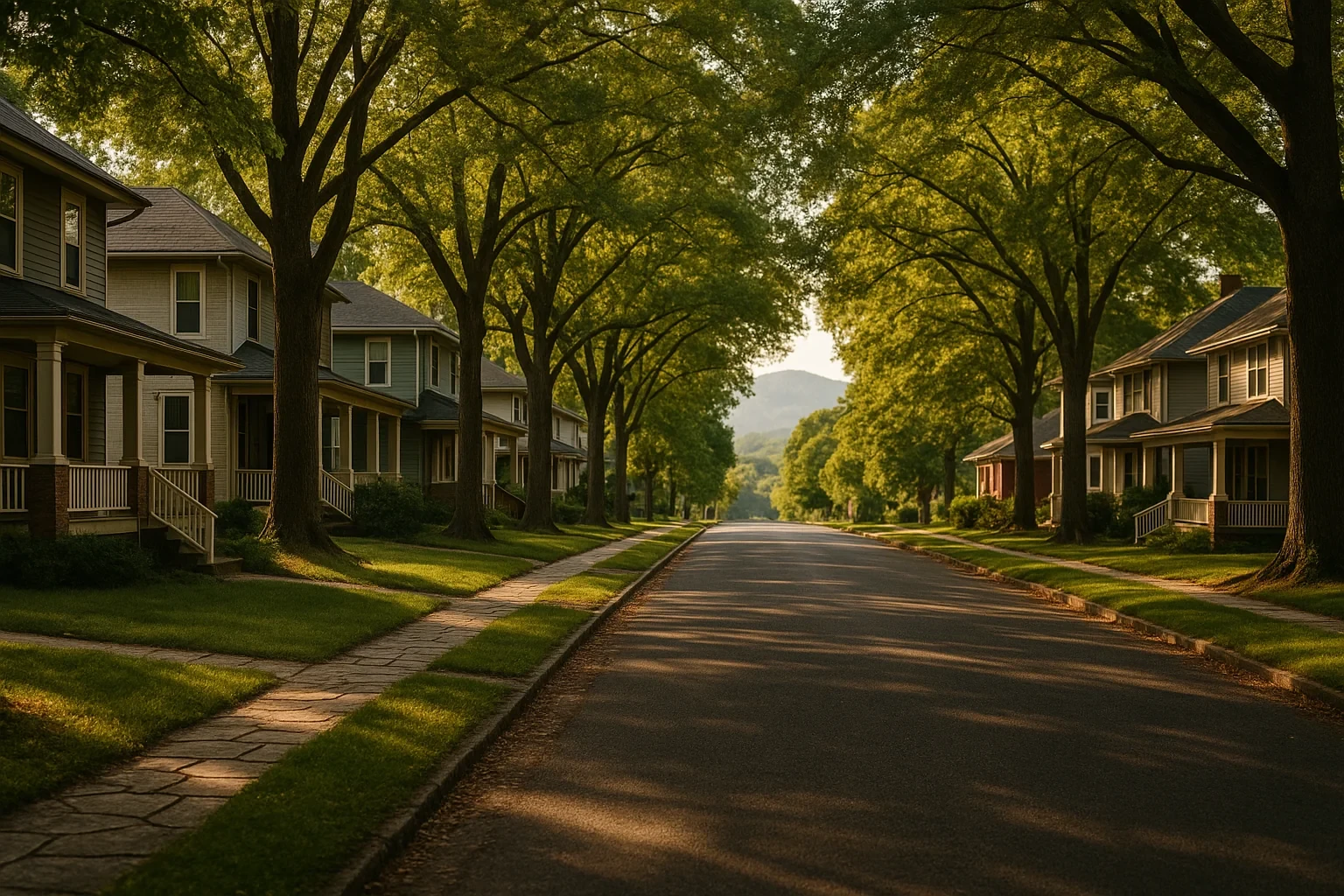 Tree-lined residential street with historic homes and mountain views in Waynesboro at golden hour