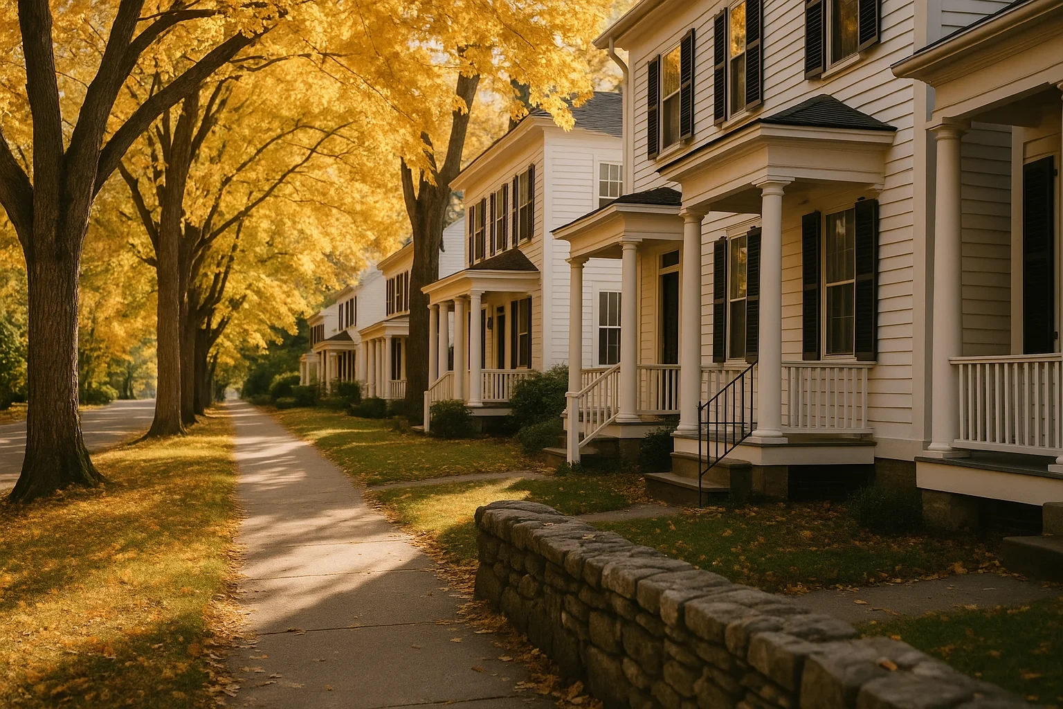 Tree-lined sidewalk with autumn leaves passing white colonial homes with porches and stone wall in Danielson