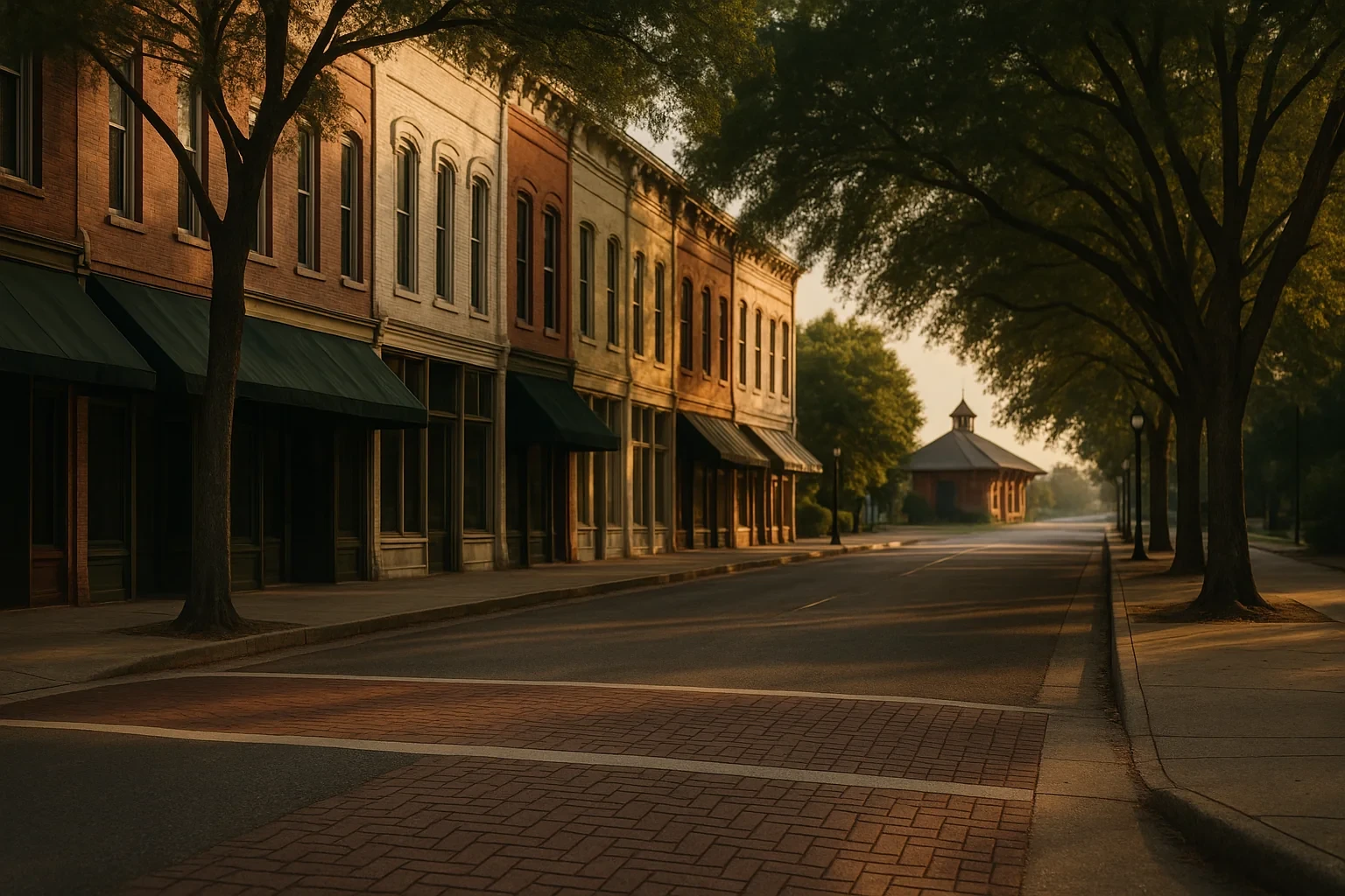 Historic brick storefronts with green awnings line a tree-shaded downtown street at golden hour in Purcellville