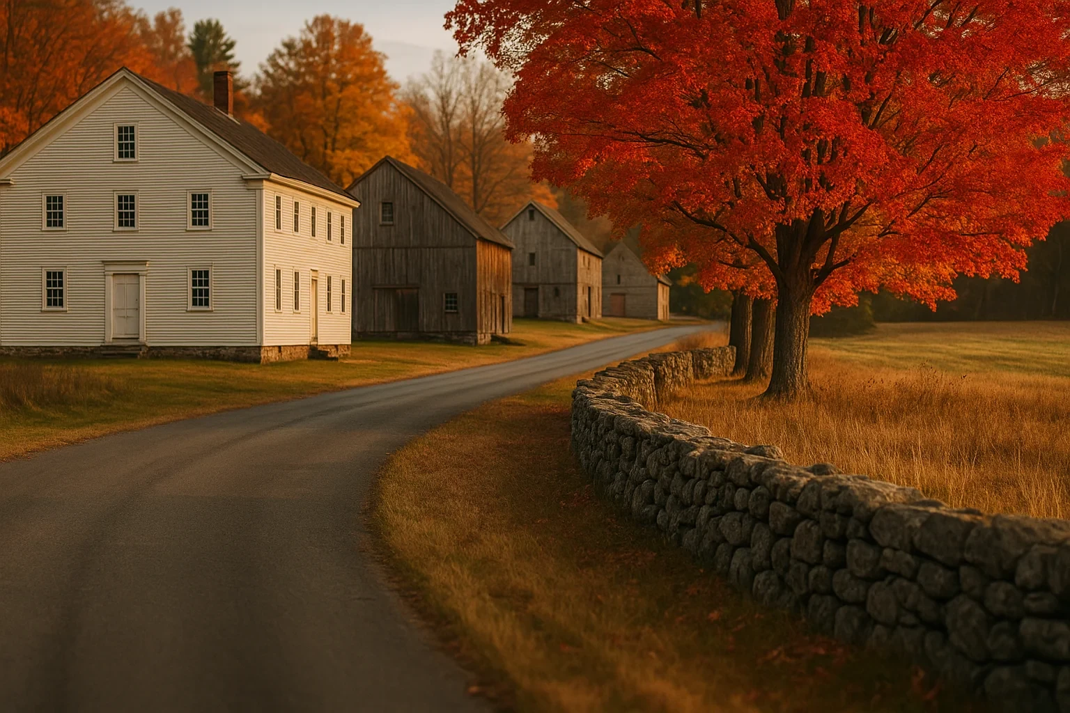Historic white colonial home and weathered barns along a country road with stone wall in Enfield