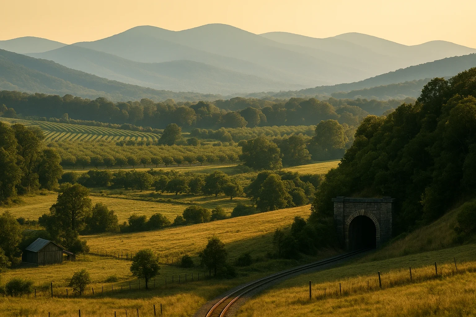 Rolling Blue Ridge mountains, orchards, railroad tunnel, and rustic barn at golden hour near Crozet