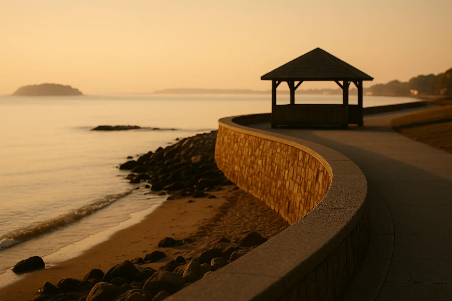 Curved seawall and wooden gazebo along West Haven coastal walkway at sunset with calm water and rocky shore
