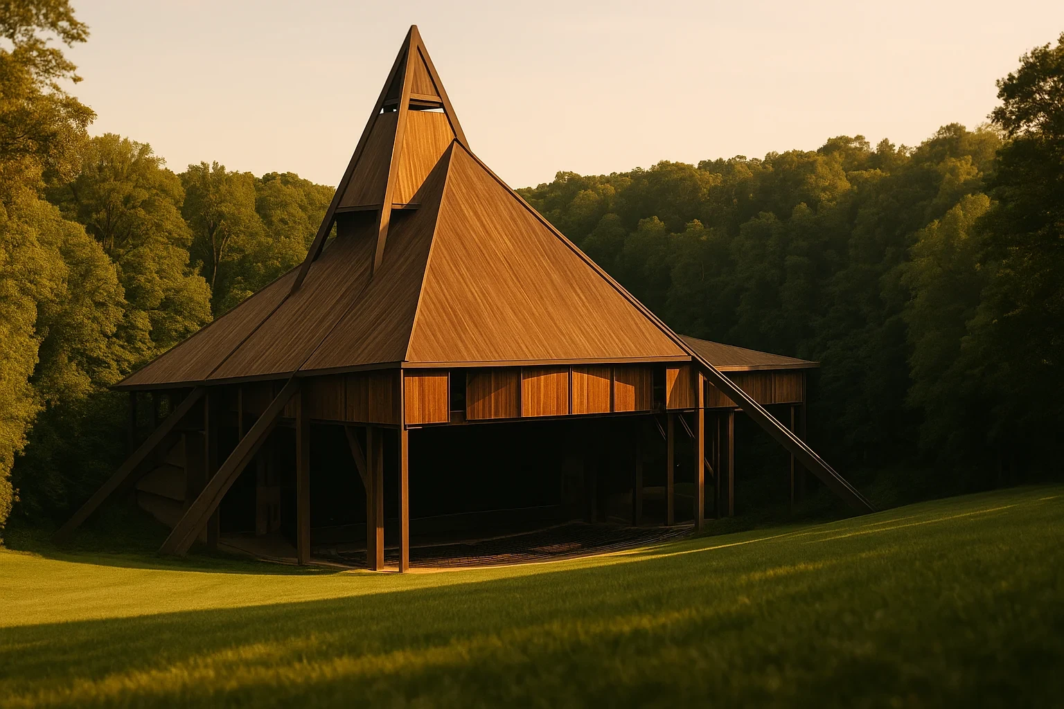Striking wooden pavilion with tall peaked roof set against forested hills at sunset in Wolf Trap