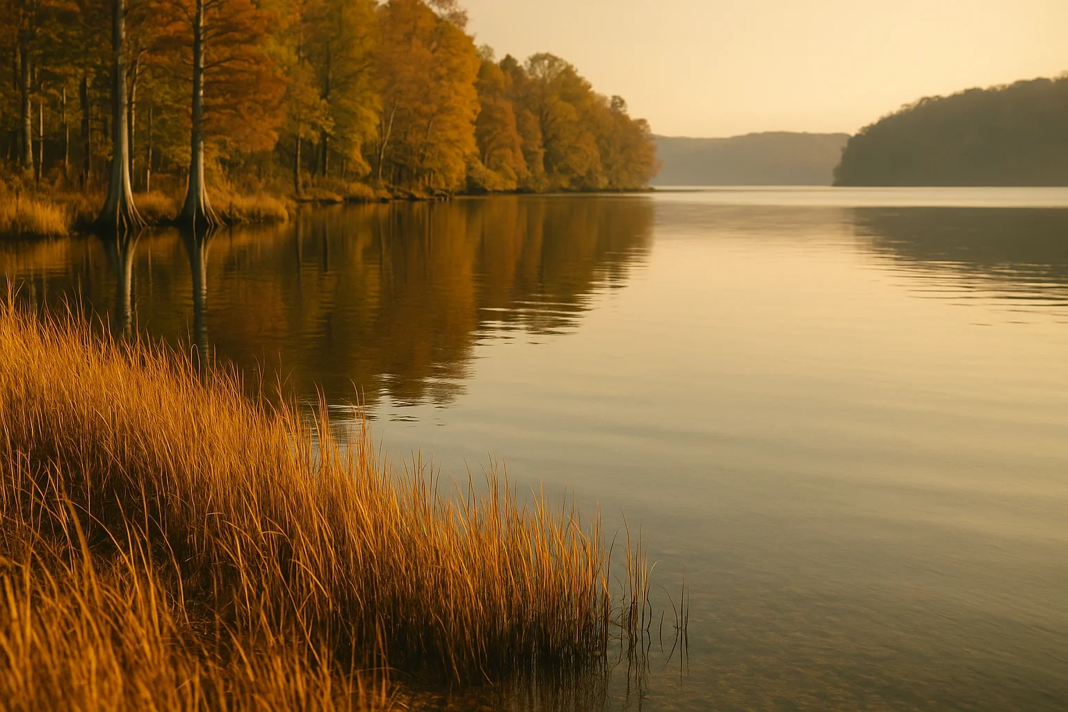 Golden autumn trees and tall grasses reflect on a calm lake at sunset near Lorton, with distant misty hills.