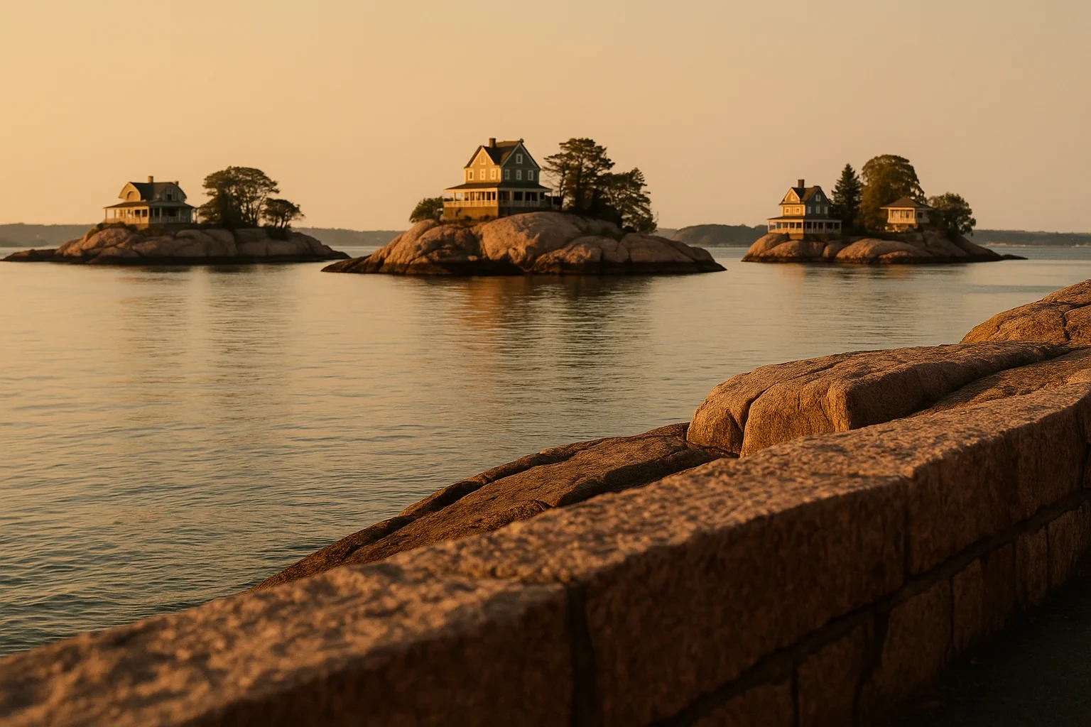 Coastal homes on rocky islands at golden hour with a stone seawall in the foreground near Branford Center