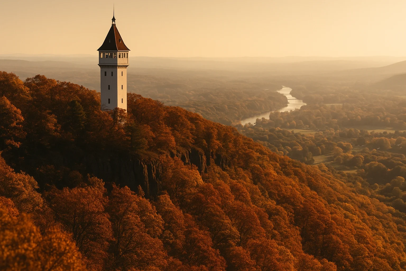 Heublein Tower rising above autumn foliage with a winding river through the Simsbury Center valley at sunset