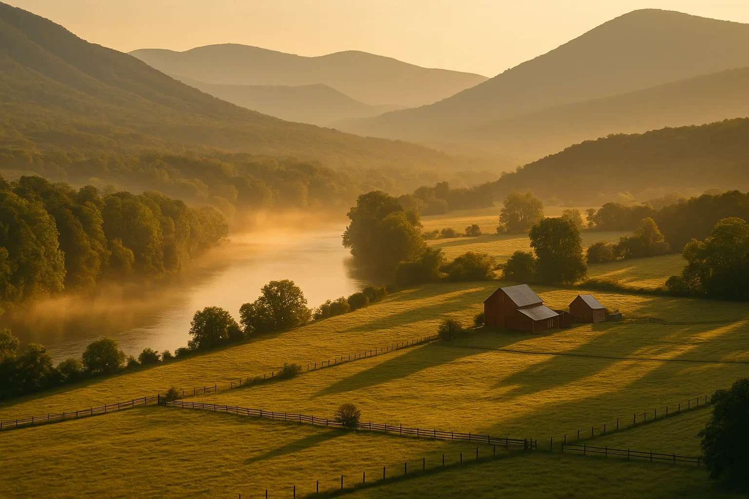 Misty river winding through golden valley with red barn and rolling mountains near Luray at sunrise
