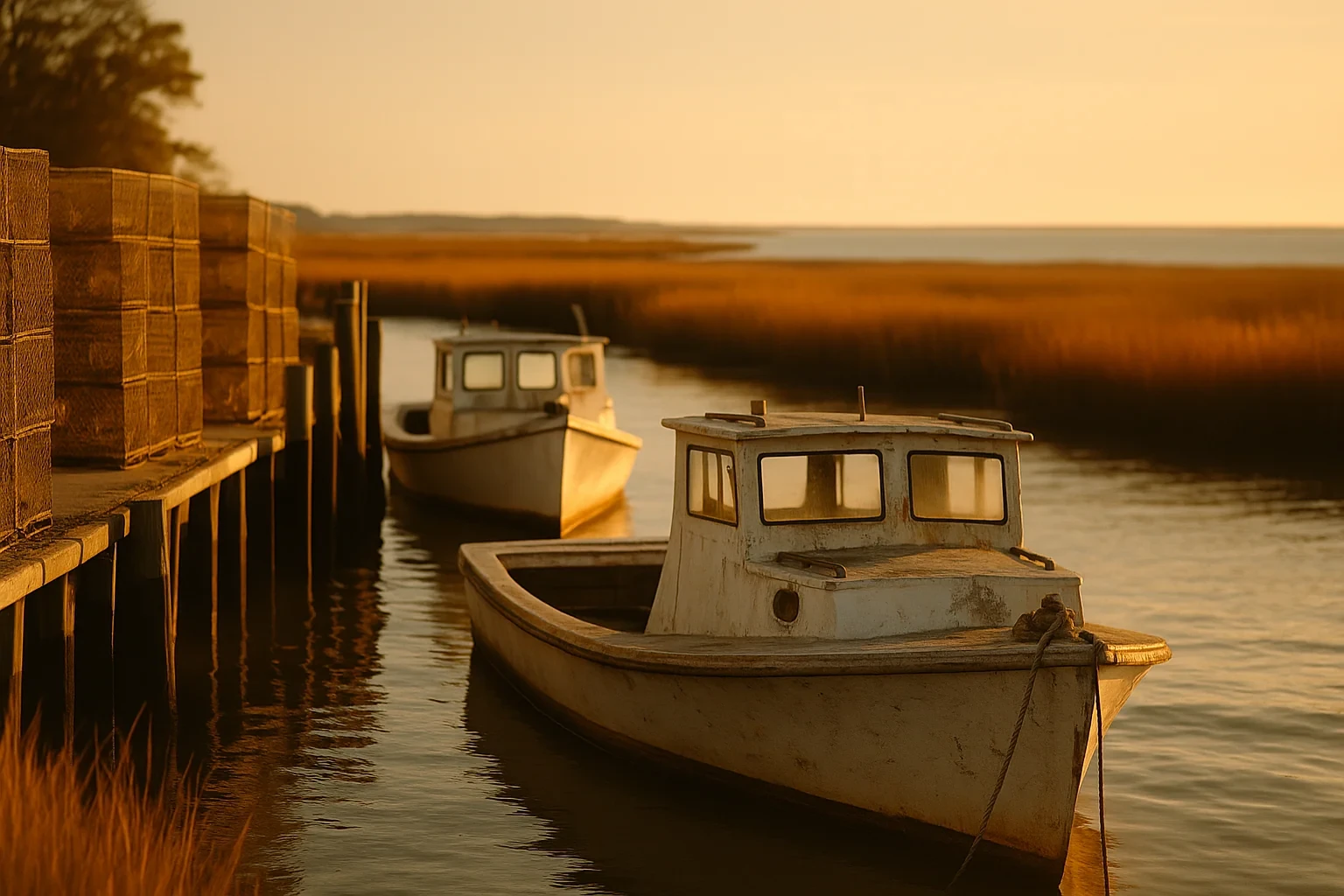 Weathered fishing boats docked beside crab pots along a marsh waterway at golden sunset in Poquoson
