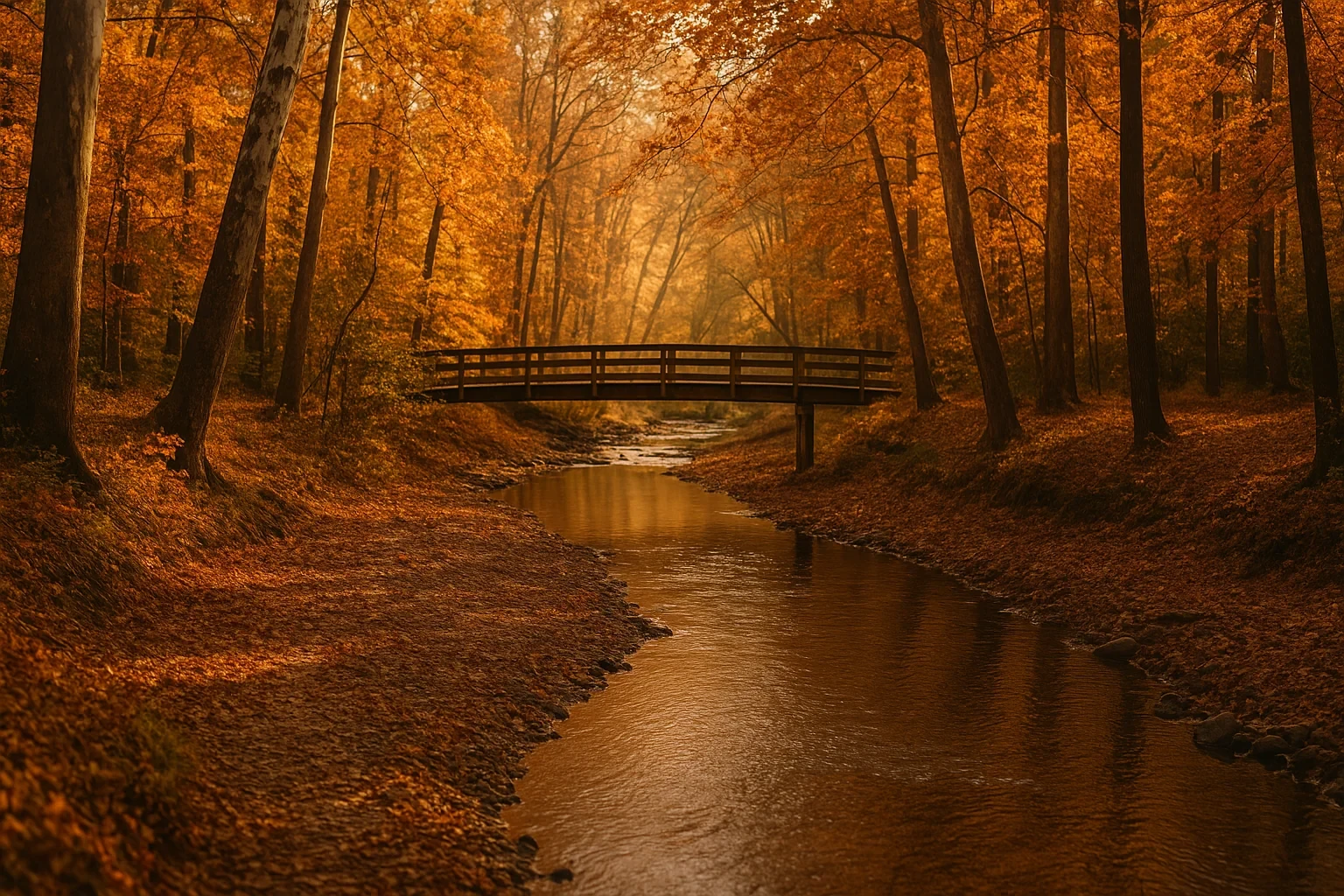 Wooden footbridge over a winding stream surrounded by glowing autumn foliage in Sugarland Run.