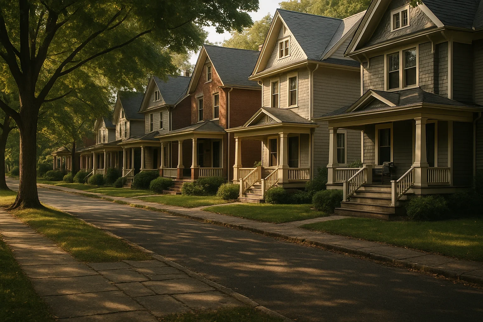 Row of historic two-story homes with covered front porches lining a tree-shaded residential street in Pulaski