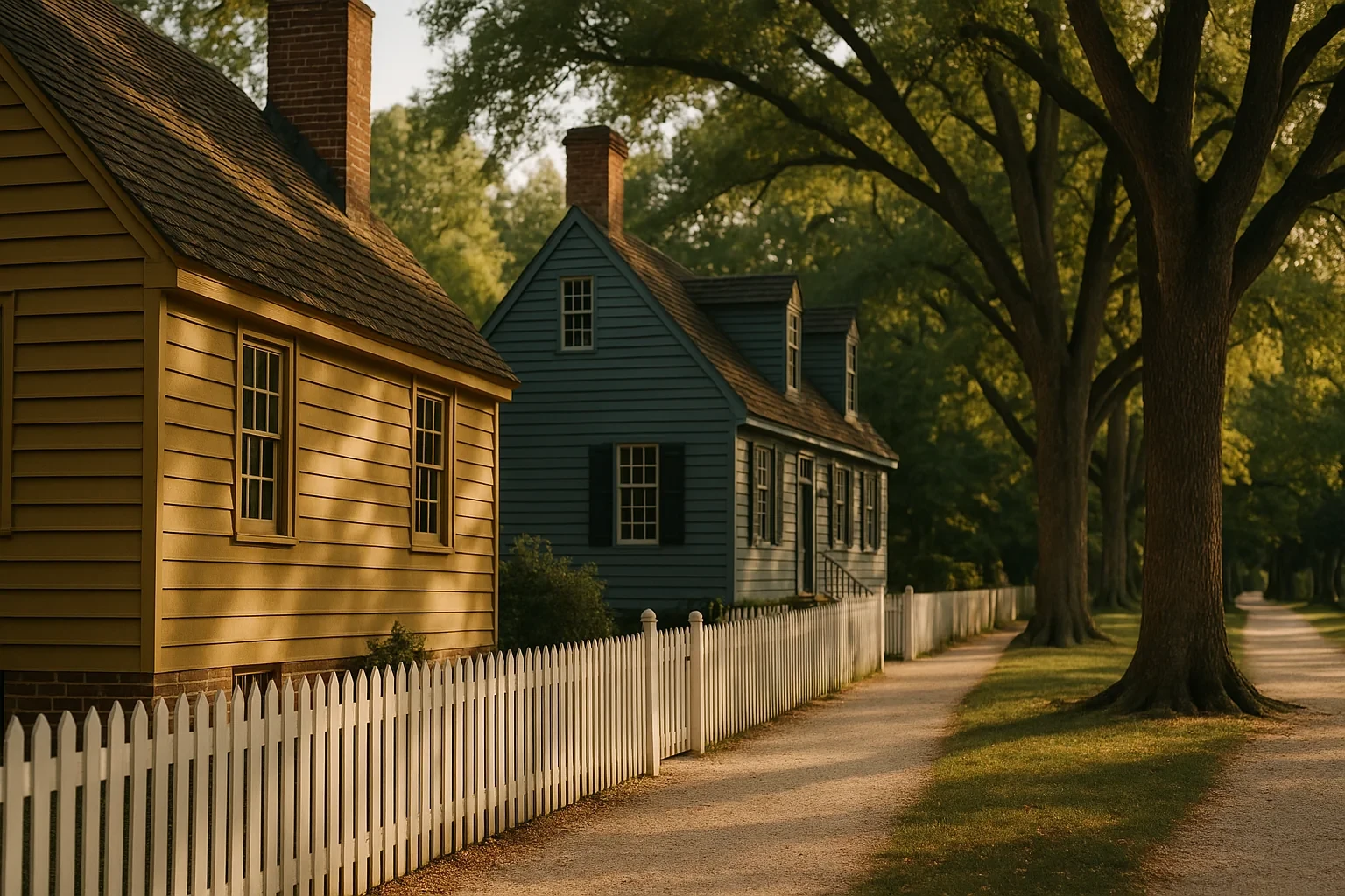 Historic colonial-style wooden homes with white picket fence along tree-lined street in Williamsburg