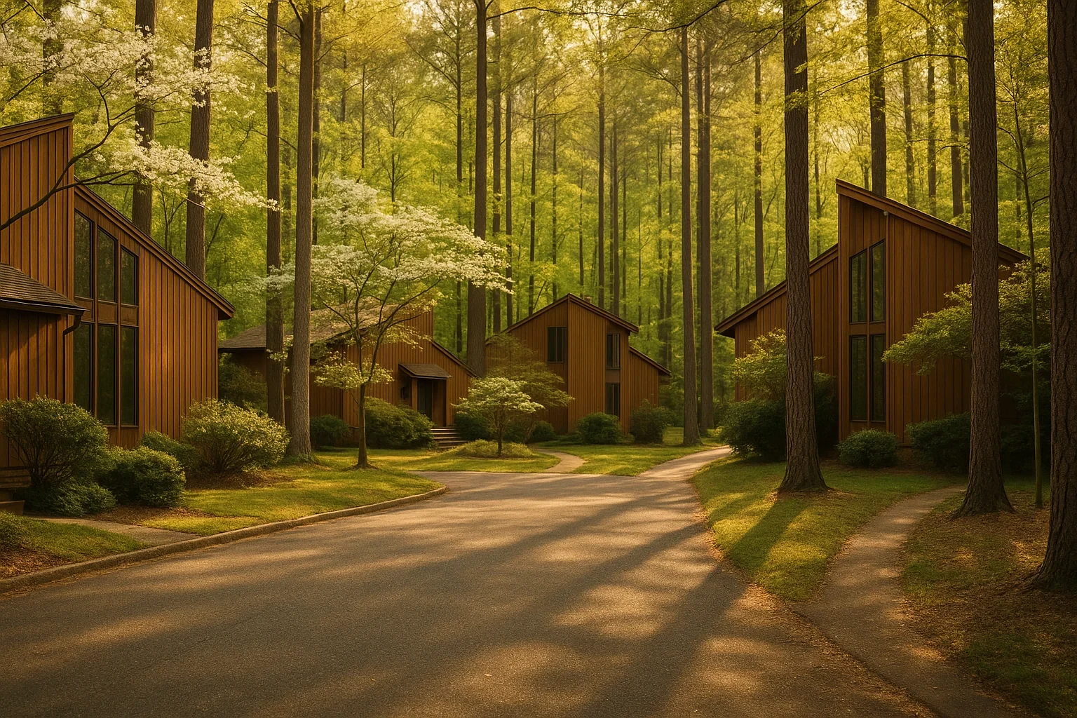 Wooden A-frame cabins nestled among tall green forest trees along a quiet winding road in Brandermill