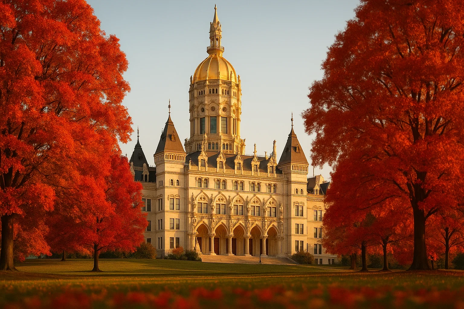 Golden-domed Hartford state capitol building framed by vibrant red autumn maple trees at sunset.
