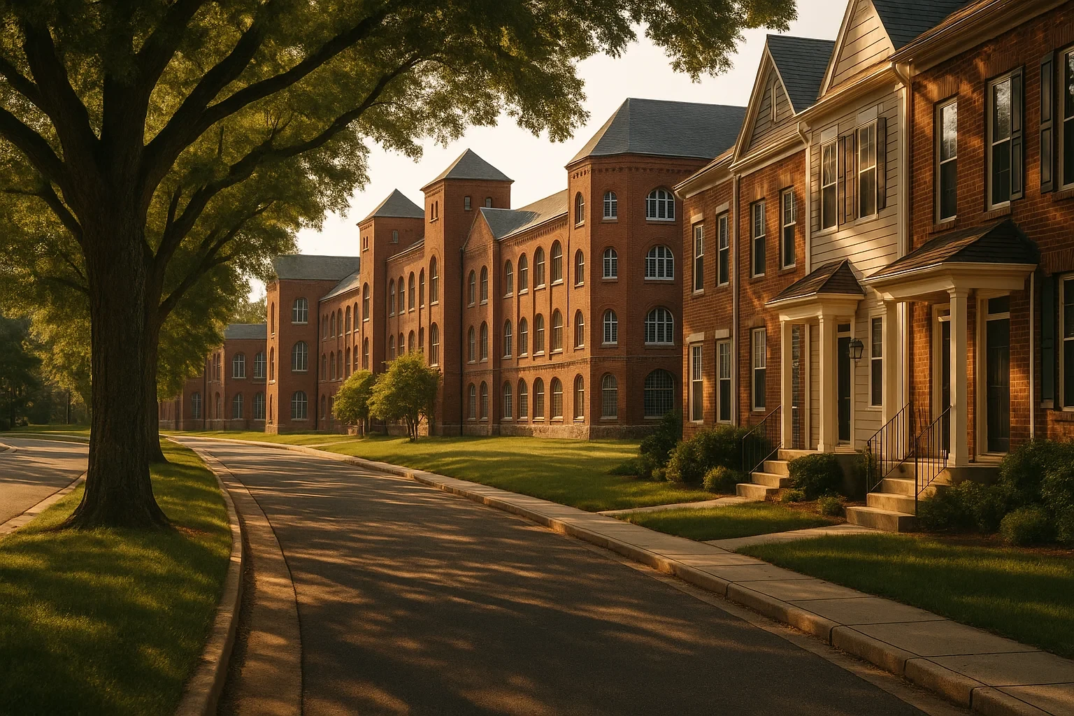Historic brick buildings and townhomes line a tree-shaded street at golden hour in Lorton.