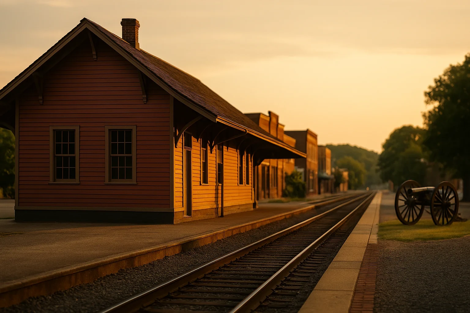 Historic wooden train depot and Civil War cannon along railroad tracks at golden hour in Manassas